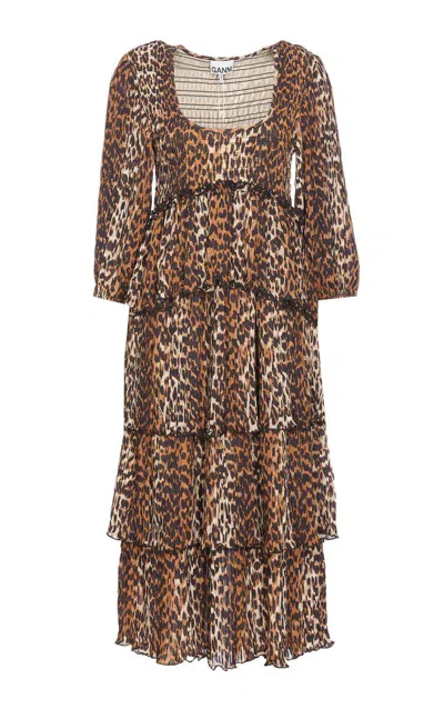 Ganni Leopard Pleated Georgette Flounce Smock Midi Dress In Brown