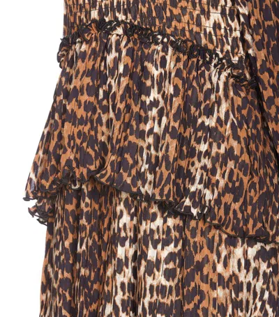 Ganni Leopard Pleated Georgette Flounce Smock Midi Dress In Brown