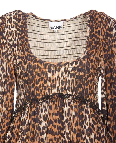 Ganni Leopard Pleated Georgette Flounce Smock Midi Dress In Brown