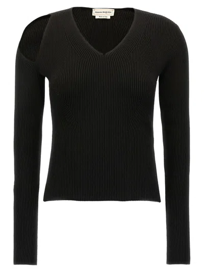 Alexander Mcqueen Cutout Ribbed Wool-blend Sweater In Black