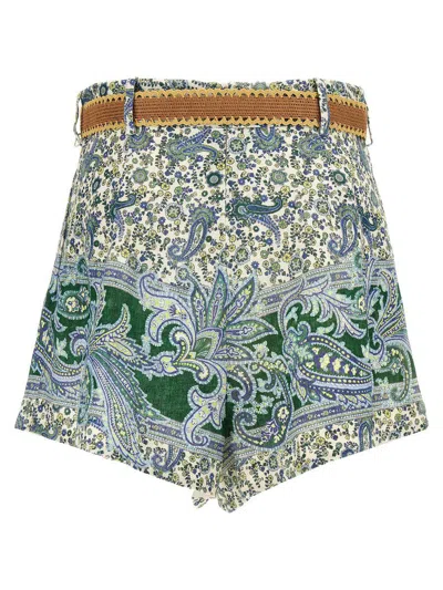 Zimmermann Ottie Belted Pleated Printed Linen Shorts In Green