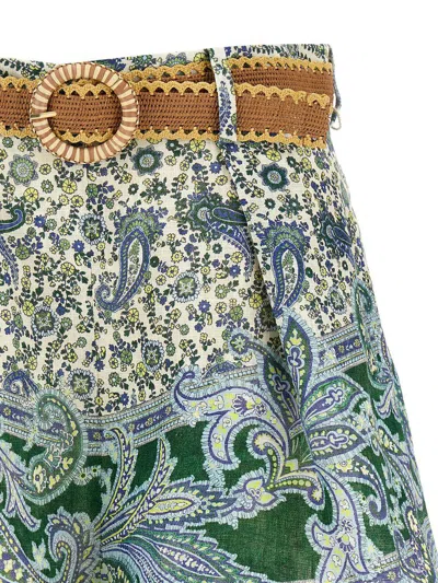 Zimmermann Ottie Belted Pleated Printed Linen Shorts In Green