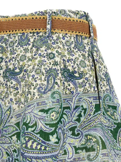 Zimmermann Ottie Belted Pleated Printed Linen Shorts In Green