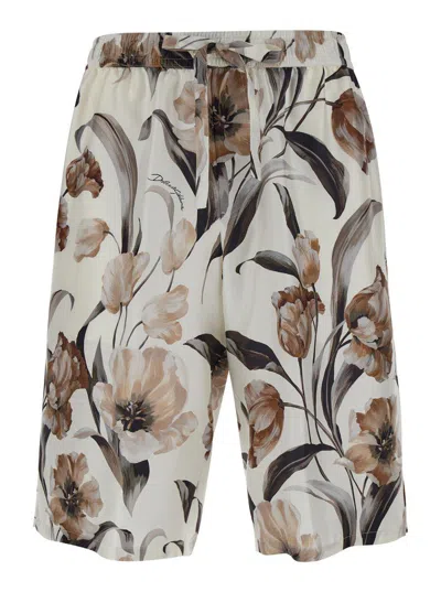 Dolce & Gabbana Beige Bermuda Short With Flower Print In Silk Twill In White