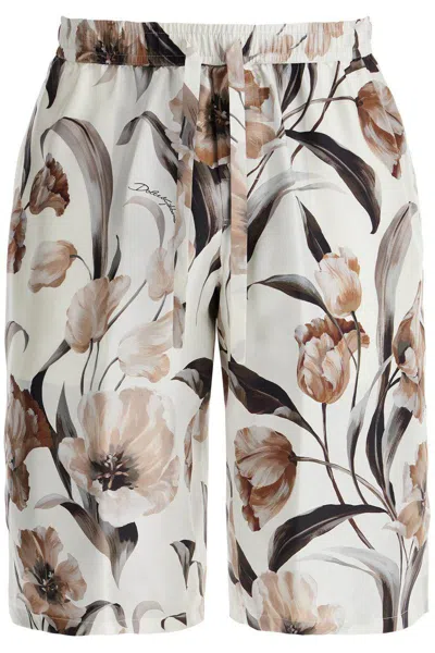 Dolce & Gabbana Beige Bermuda Short With Flower Print In Silk Twill In White