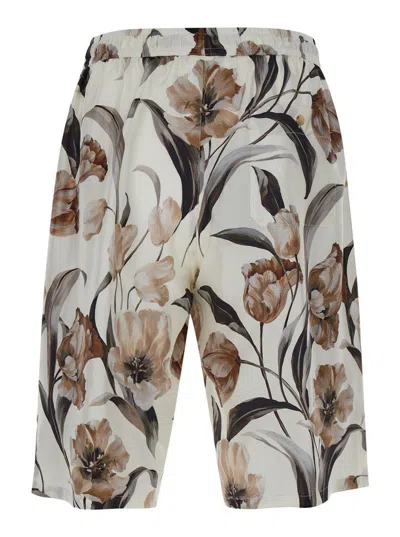 Dolce & Gabbana Beige Bermuda Short With Flower Print In Silk Twill In White