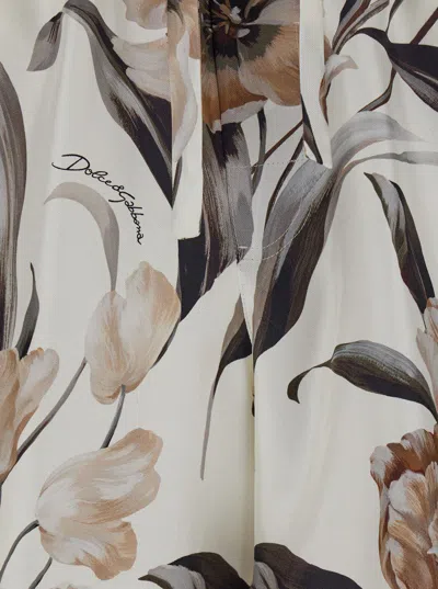 Dolce & Gabbana Beige Bermuda Short With Flower Print In Silk Twill In White