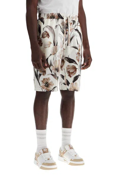Dolce & Gabbana Beige Bermuda Short With Flower Print In Silk Twill In White