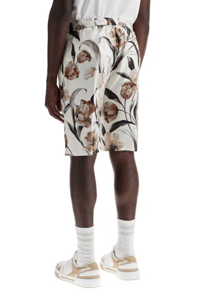 Dolce & Gabbana Beige Bermuda Short With Flower Print In Silk Twill In White
