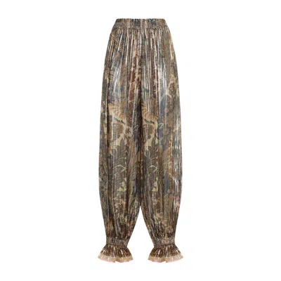 Valentino Beige Metallic Voyage Pleated Wide-leg Pants In Brown