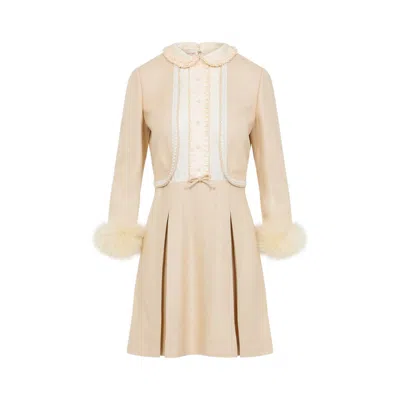 Valentino Nude Viscose-silk Blend Dress With Feather-accented Cuffs In Beige