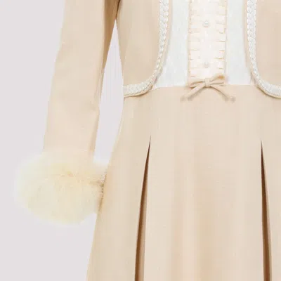 Valentino Nude Viscose-silk Blend Dress With Feather-accented Cuffs In Beige