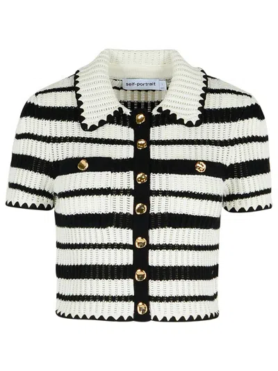 Self-portrait Cream And Black Striped Crochet Top Cream Black In Beige