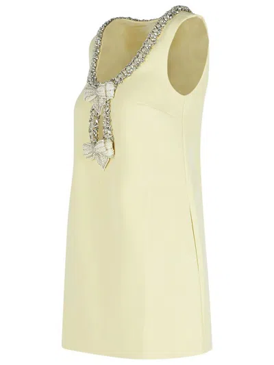 Self-portrait Yellow Crewneck Mini Dress With Jewel Embellishment On The Collar And Bow Detail On The Front In Tec In Nude