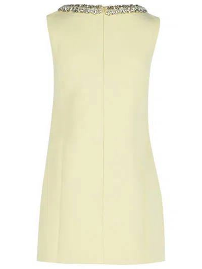 Self-portrait Yellow Crewneck Mini Dress With Jewel Embellishment On The Collar And Bow Detail On The Front In Tec In Nude
