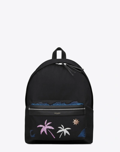 Saint Laurent City Sea, Sex And Sun Backpack In Black Twill, Nylon And Leather And Multicolor Glitter And Metallic In Black Multi