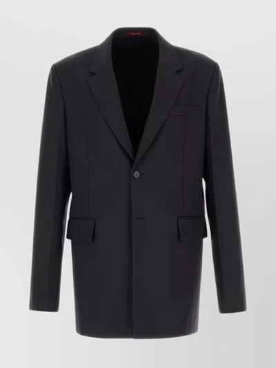 Gucci Men Dark Grey Jacket With Chest Pocket And Embossed Logo In Wool Gabardine Man In Blue
