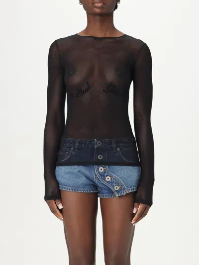 Jean Paul Gaultier Mesh Long Sleeves Top With Velvet Flock 'jean Paul In Black