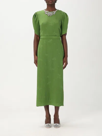 Erdem Crystal Necklace Floral Embroidered Short Sleeve Cocktail Dress In Green