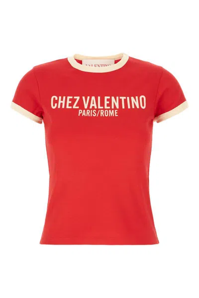 Valentino Crew Neck Cotton Jersey T-shirt With Contrasting Trims In Betulla Red