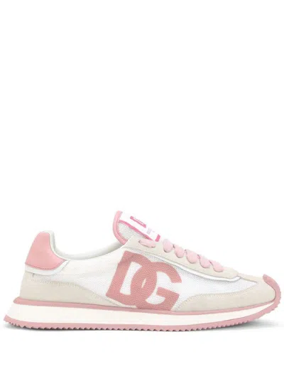 Dolce & Gabbana 'aria' Pink Running Sneakers With Logo Detail In Suede And Tech Fabric Woman In Pink White