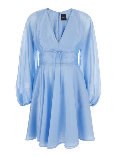 Plain Light Blue Dress With V-neck And Flared Skirt In Blue
