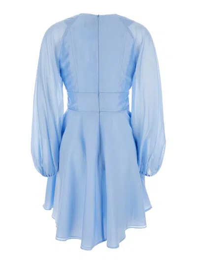 Plain Light Blue Dress With V-neck And Flared Skirt In Blue
