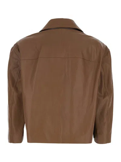 Brunello Cucinelli Brown Crop Jacket With Classic Lapels And Three-quarter Sleeves In Leather Woman In Brown