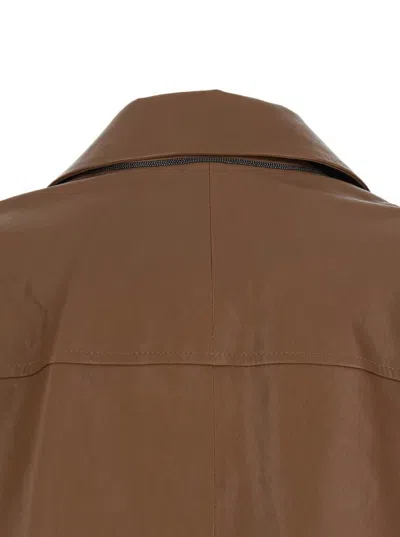 Brunello Cucinelli Brown Crop Jacket With Classic Lapels And Three-quarter Sleeves In Leather Woman In Brown