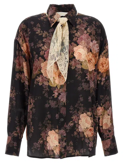 Zimmermann Illustration Lace-trimmed Floral-print Silk Crepe De Chine Shirt In Black