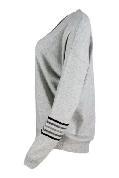 Brunello Cucinelli Cashmere V-neck Sweater With Rows Of Jewels On The Arm In Grey
