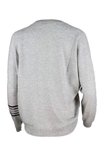 Brunello Cucinelli Cashmere V-neck Sweater With Rows Of Jewels On The Arm In Grey