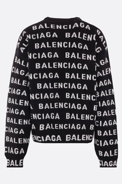 Balenciaga Logo All Over Print Pullover Sweater In Black