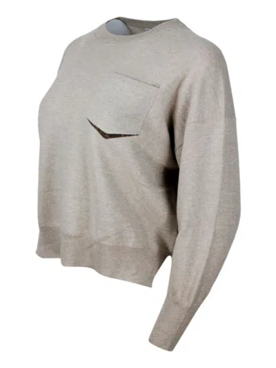 Brunello Cucinelli Long-sleeved Crewneck Sweater In Fine Cashmere With A Relaxed And Slightly Cropped Shape. Details In In Beige Freddo
