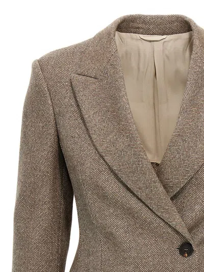 Brunello Cucinelli Brushed Techno Wool Chevron Blazer With Monili In Brown