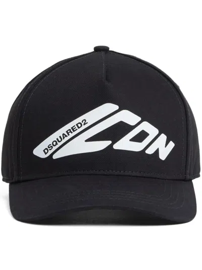 Dsquared2 Black Baseball Cap With Maxi Print On The Front And Logo Lettering On The Rear In Cotton Man In Black