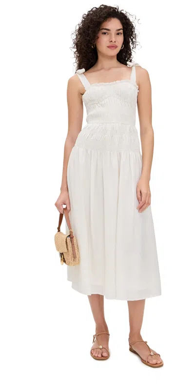 Moon River Adjustable Strap Shirred Midi Dress White In White