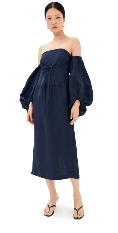 Rosie Assoulin Balloon-sleeve Off-the-shoulder Linen Midi Dress In Blue