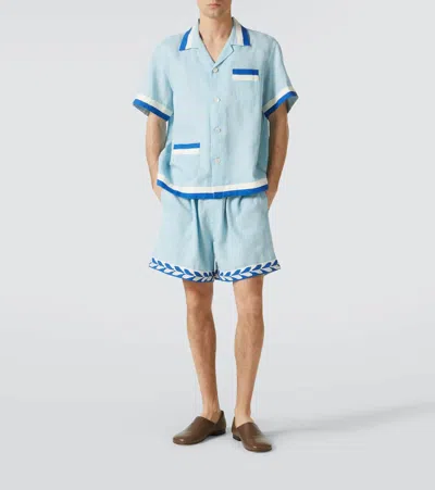 Bode Seedling Stripe Linen Camp Shirt In Blue