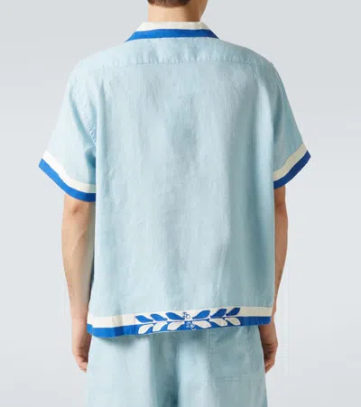 Bode Seedling Stripe Linen Camp Shirt In Blue