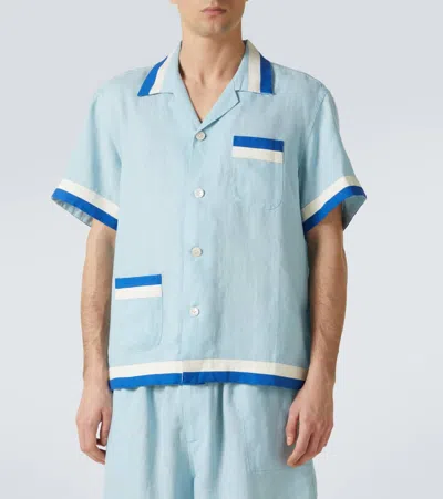 Bode Seedling Stripe Linen Camp Shirt In Blue