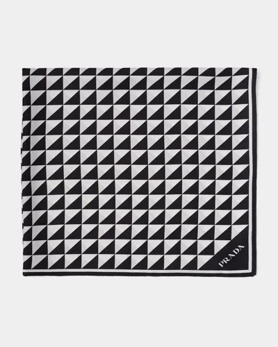 Prada Triangle Logo Silk Scarf In Navy Bianco