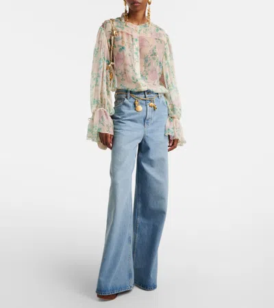 Chloé Puff-sleeve Blouse In Silk Mousseline In Multicoloured