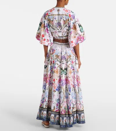 Camilla Monserrate Magic Cropped Tie-front Crystal-embellished Printed Linen Top In Multicoloured