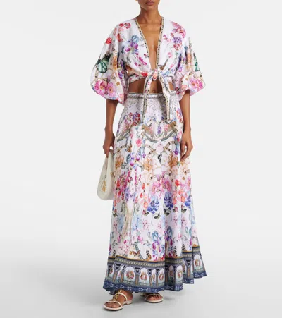Camilla Monserrate Magic Cropped Tie-front Crystal-embellished Printed Linen Top In Multicoloured