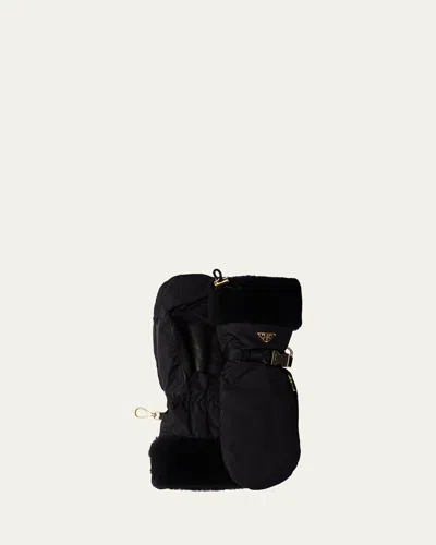 Prada Re-nylon And Shearling Mittens In Black