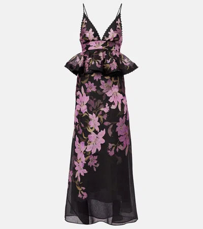 Zimmermann Dawning Bead-embellished Floral-print Linen And Silk-blend Peplum Maxi Dress In Black