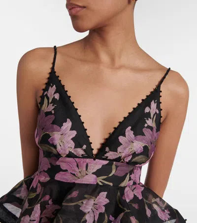 Zimmermann Dawning Bead-embellished Floral-print Linen And Silk-blend Peplum Maxi Dress In Black