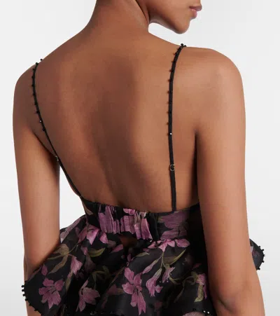 Zimmermann Dawning Bead-embellished Floral-print Linen And Silk-blend Peplum Maxi Dress In Black