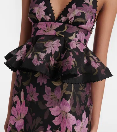 Zimmermann Dawning Bead-embellished Floral-print Linen And Silk-blend Peplum Maxi Dress In Black